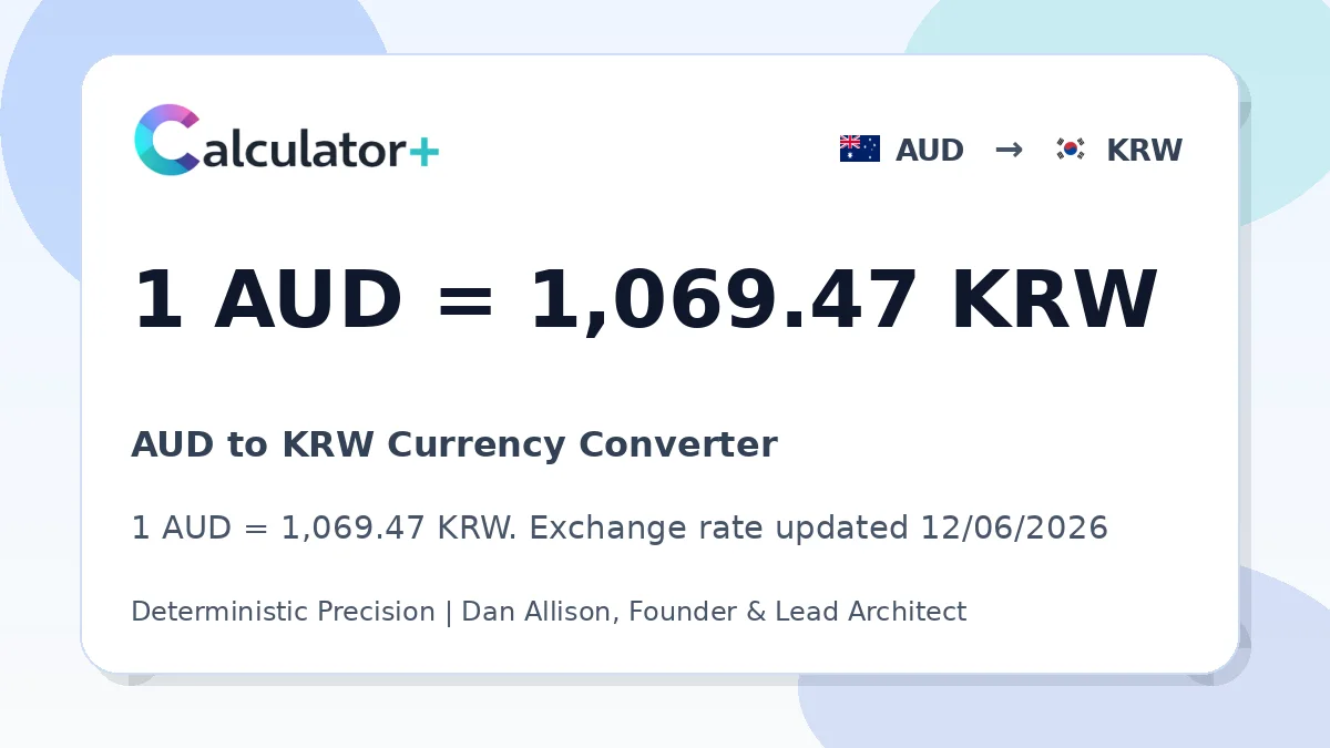 AUD to KRW exchange rate card showing 1 AUD = 1,069.47 KRW. Exchange rate updated 12/06/2026.