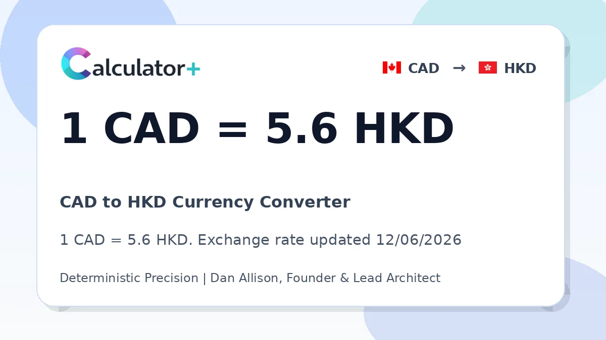 CAD to HKD exchange rate card showing 1 CAD = 5.6 HKD. Exchange rate updated 12/06/2026.
