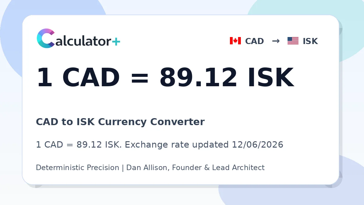 CAD to ISK exchange rate card showing 1 CAD = 89.12 ISK. Exchange rate updated 12/06/2026.