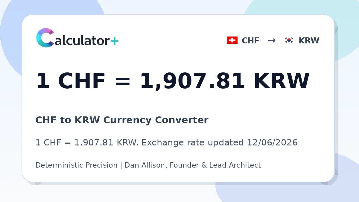 CHF to KRW exchange rate card showing 1 CHF = 1,907.81 KRW. Exchange rate updated 12/06/2026.