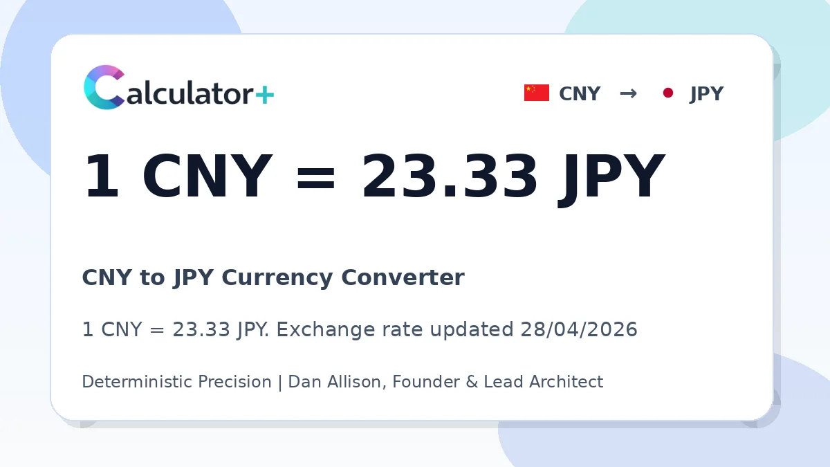 CNY to JPY exchange rate card showing 1 CNY = 23.33 JPY. Exchange rate updated 28/04/2026.