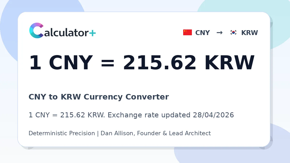 CNY to KRW exchange rate card showing 1 CNY = 215.62 KRW. Exchange rate updated 28/04/2026.