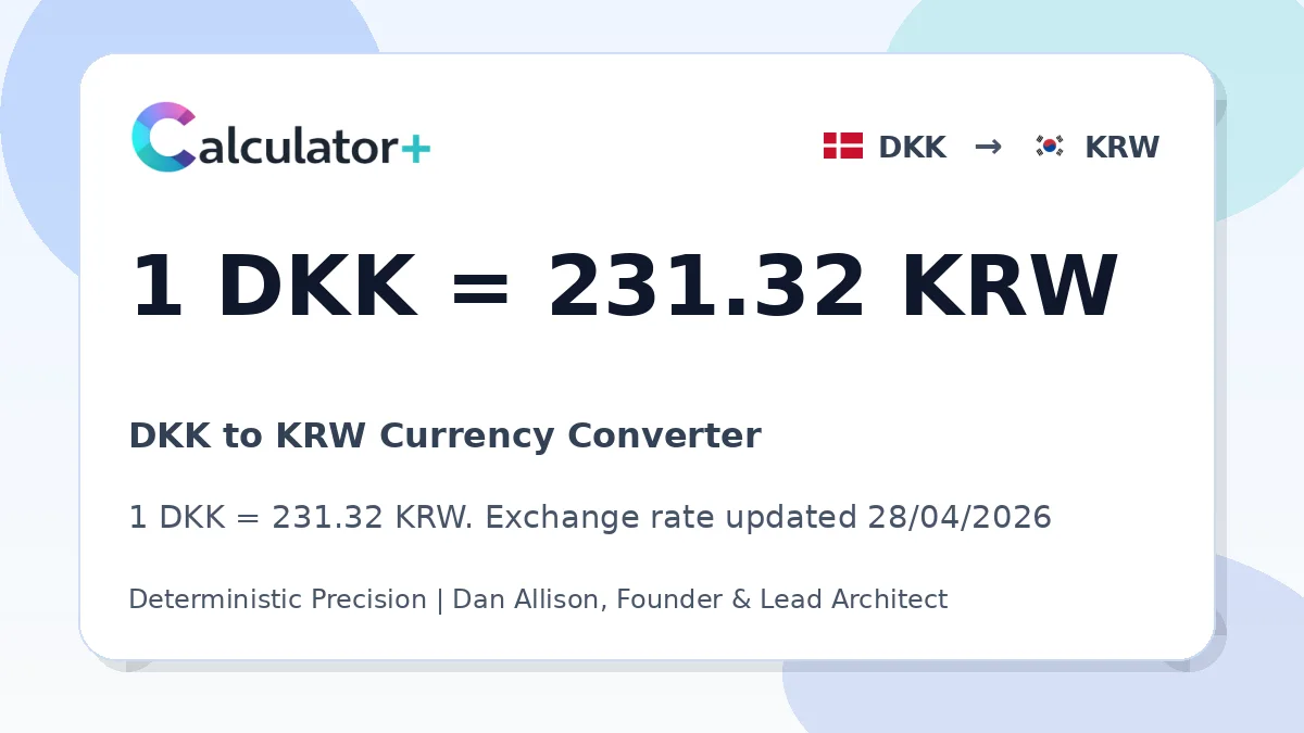 DKK to KRW exchange rate card showing 1 DKK = 231.32 KRW. Exchange rate updated 28/04/2026.