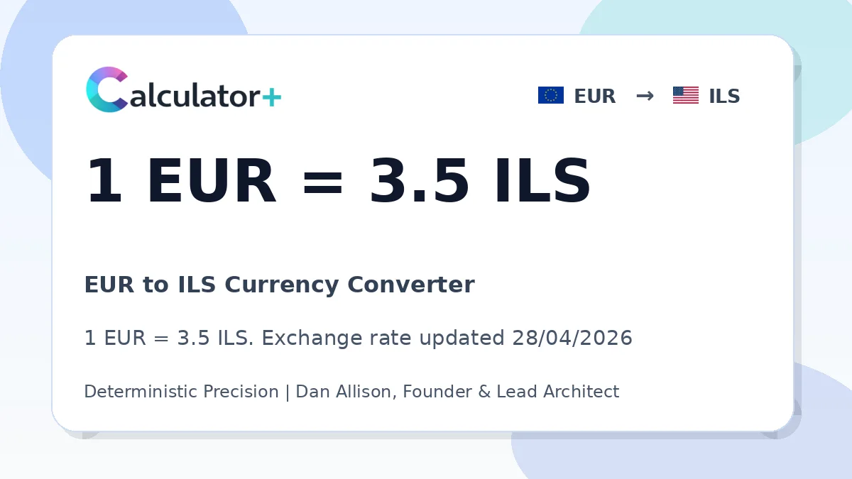 EUR to ILS exchange rate card showing 1 EUR = 3.5 ILS. Exchange rate updated 28/04/2026.