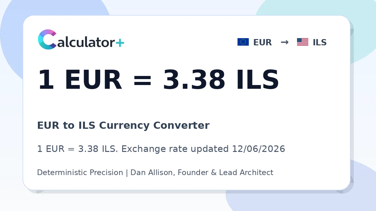 EUR to ILS exchange rate card showing 1 EUR = 3.38 ILS. Exchange rate updated 12/06/2026.