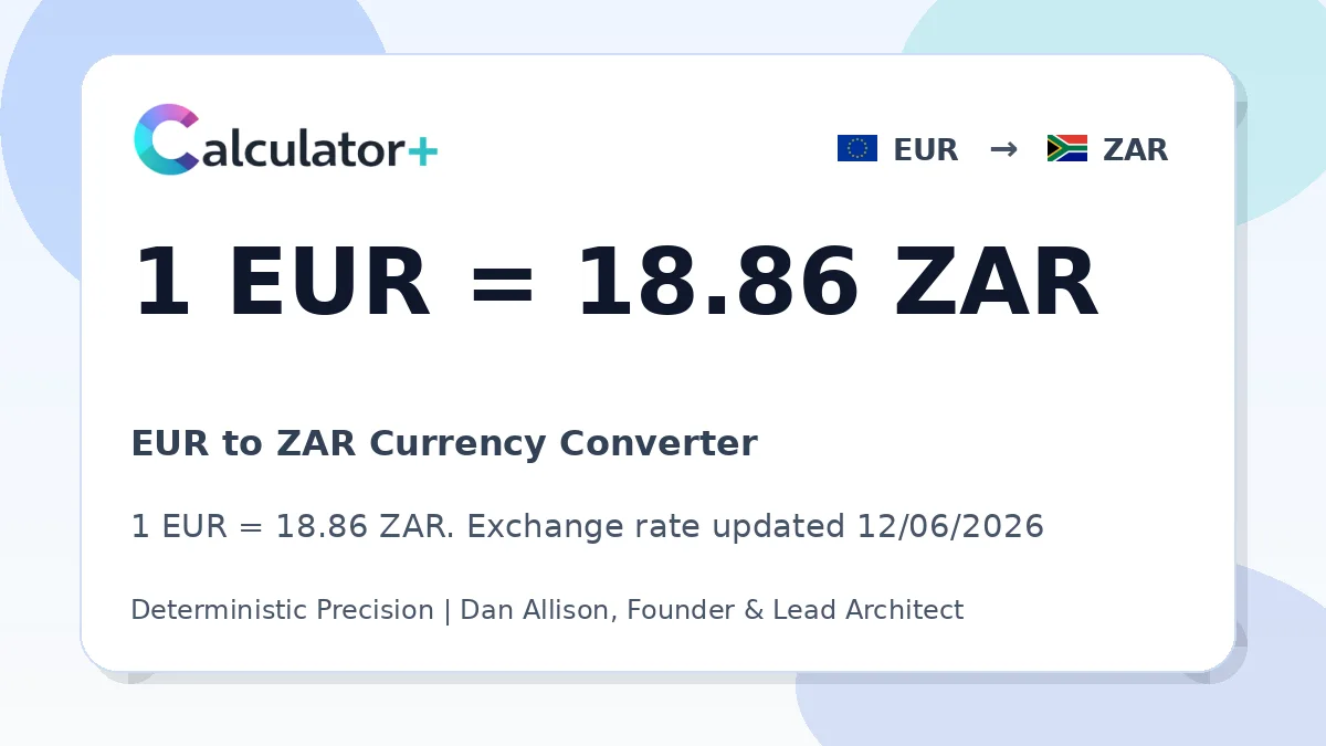 EUR to ZAR exchange rate card showing 1 EUR = 18.86 ZAR. Exchange rate updated 12/06/2026.