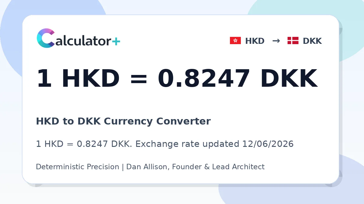 HKD to DKK exchange rate card showing 1 HKD = 0.8247 DKK. Exchange rate updated 12/06/2026.