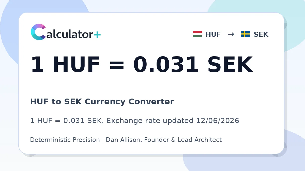 HUF to SEK exchange rate card showing 1 HUF = 0.031 SEK. Exchange rate updated 12/06/2026.