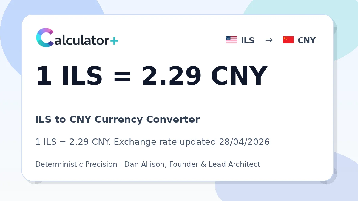 ILS to CNY exchange rate card showing 1 ILS = 2.29 CNY. Exchange rate updated 28/04/2026.