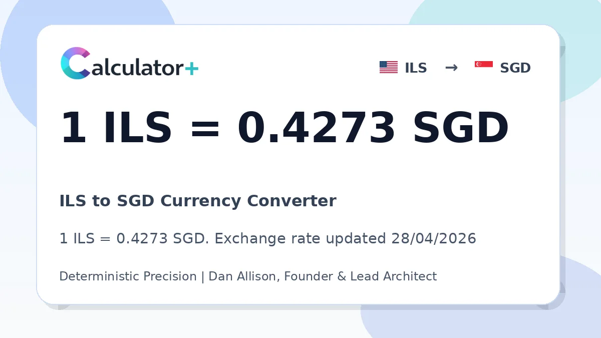 ILS to SGD exchange rate card showing 1 ILS = 0.4273 SGD. Exchange rate updated 28/04/2026.