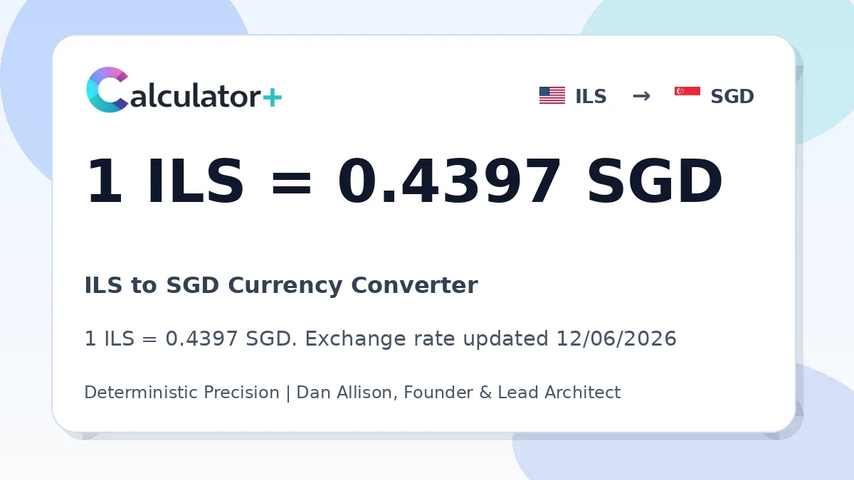 ILS to SGD exchange rate card showing 1 ILS = 0.4397 SGD. Exchange rate updated 12/06/2026.