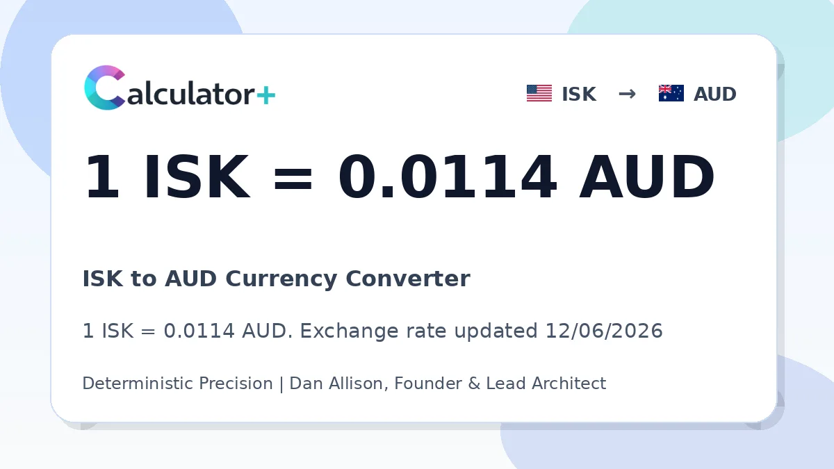 ISK to AUD exchange rate card showing 1 ISK = 0.0114 AUD. Exchange rate updated 12/06/2026.