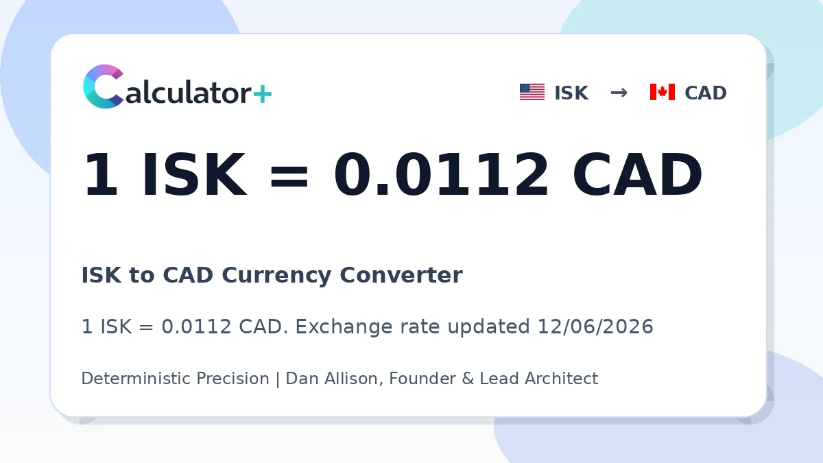 ISK to CAD exchange rate card showing 1 ISK = 0.0112 CAD. Exchange rate updated 12/06/2026.