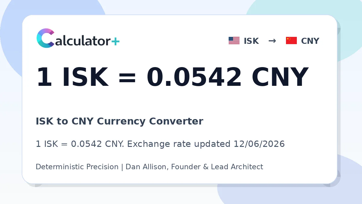 ISK to CNY exchange rate card showing 1 ISK = 0.0542 CNY. Exchange rate updated 12/06/2026.