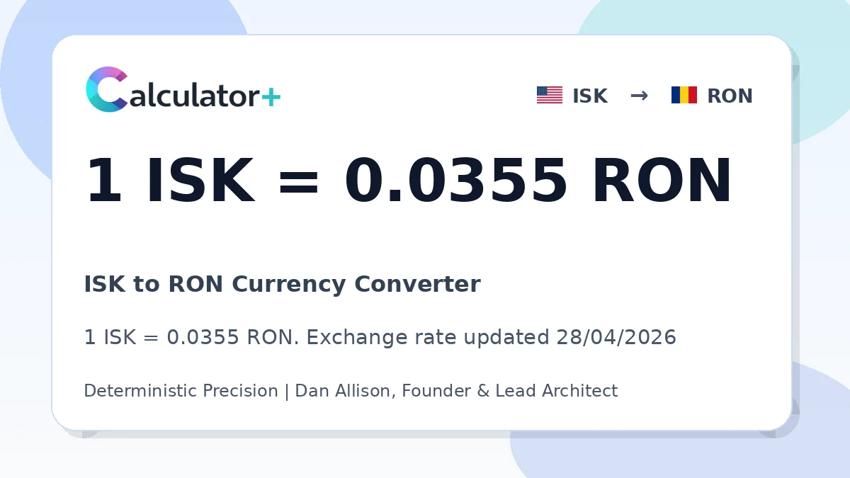 ISK to RON exchange rate card showing 1 ISK = 0.0355 RON. Exchange rate updated 28/04/2026.