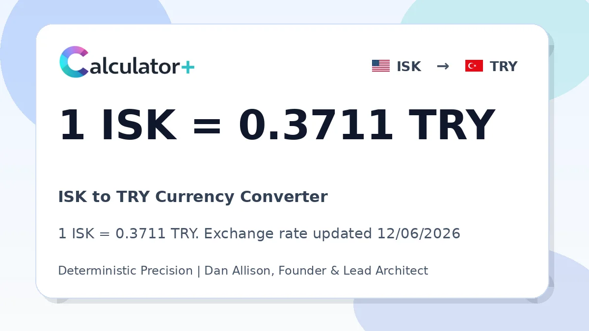 ISK to TRY exchange rate card showing 1 ISK = 0.3711 TRY. Exchange rate updated 12/06/2026.