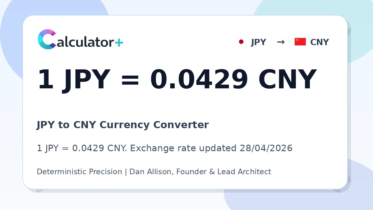 JPY to CNY exchange rate card showing 1 JPY = 0.0429 CNY. Exchange rate updated 28/04/2026.