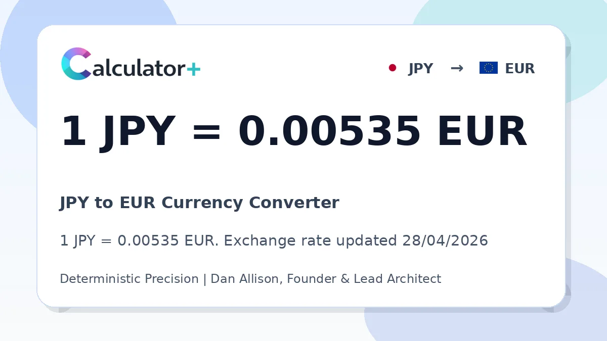 JPY to EUR exchange rate card showing 1 JPY = 0.00535 EUR. Exchange rate updated 28/04/2026.