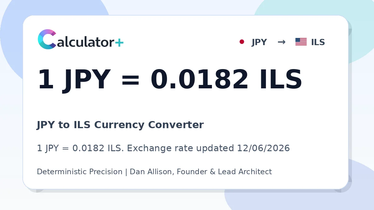 JPY to ILS exchange rate card showing 1 JPY = 0.0182 ILS. Exchange rate updated 12/06/2026.