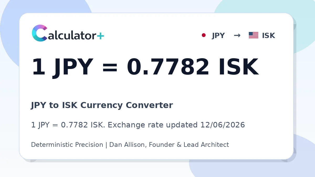 JPY to ISK exchange rate card showing 1 JPY = 0.7782 ISK. Exchange rate updated 12/06/2026.