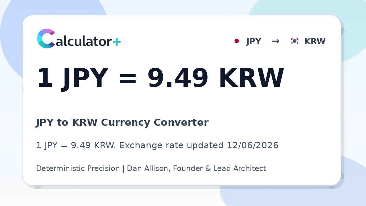 JPY to KRW exchange rate card showing 1 JPY = 9.49 KRW. Exchange rate updated 12/06/2026.