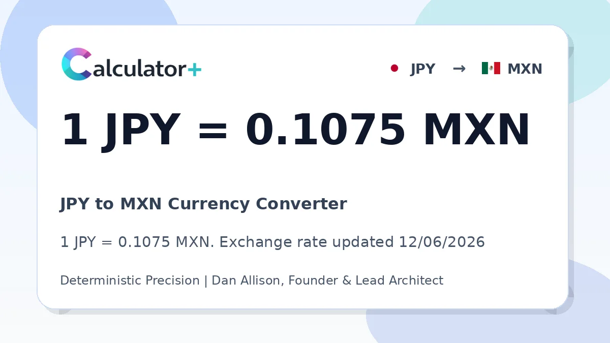 JPY to MXN exchange rate card showing 1 JPY = 0.1075 MXN. Exchange rate updated 12/06/2026.