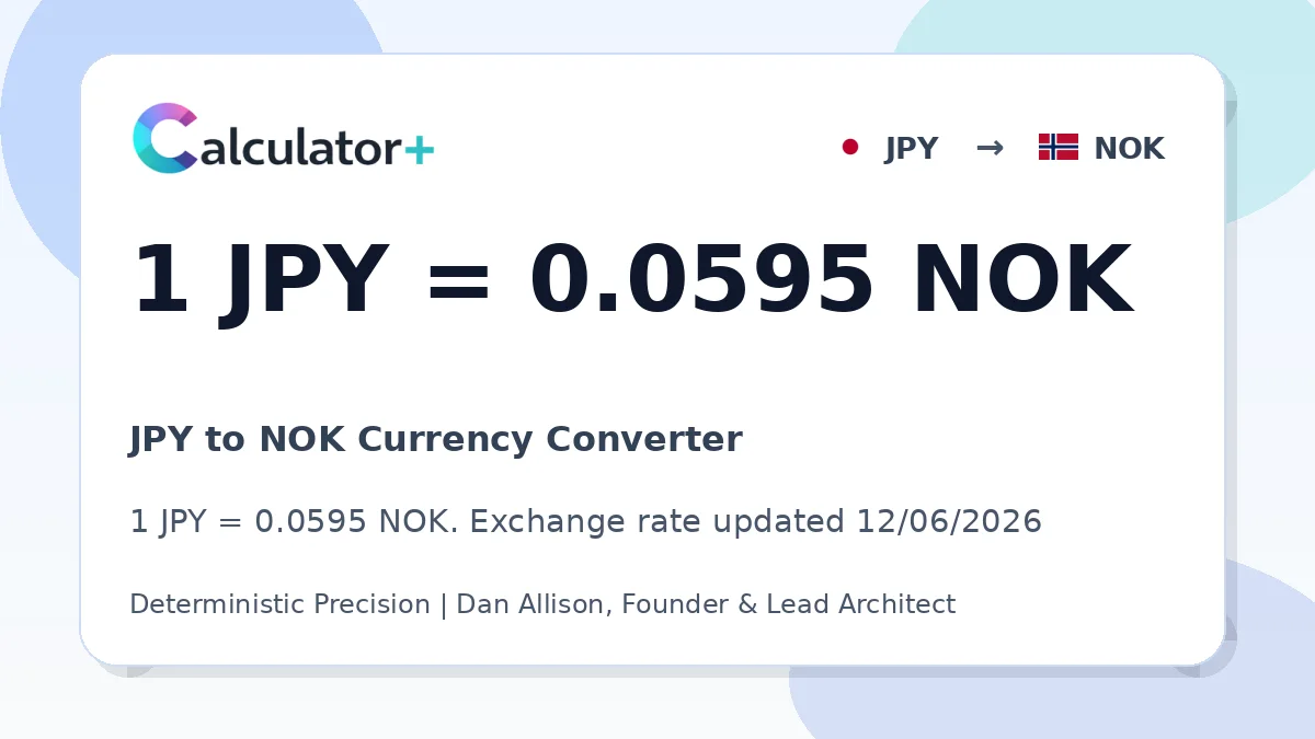JPY to NOK exchange rate card showing 1 JPY = 0.0595 NOK. Exchange rate updated 12/06/2026.