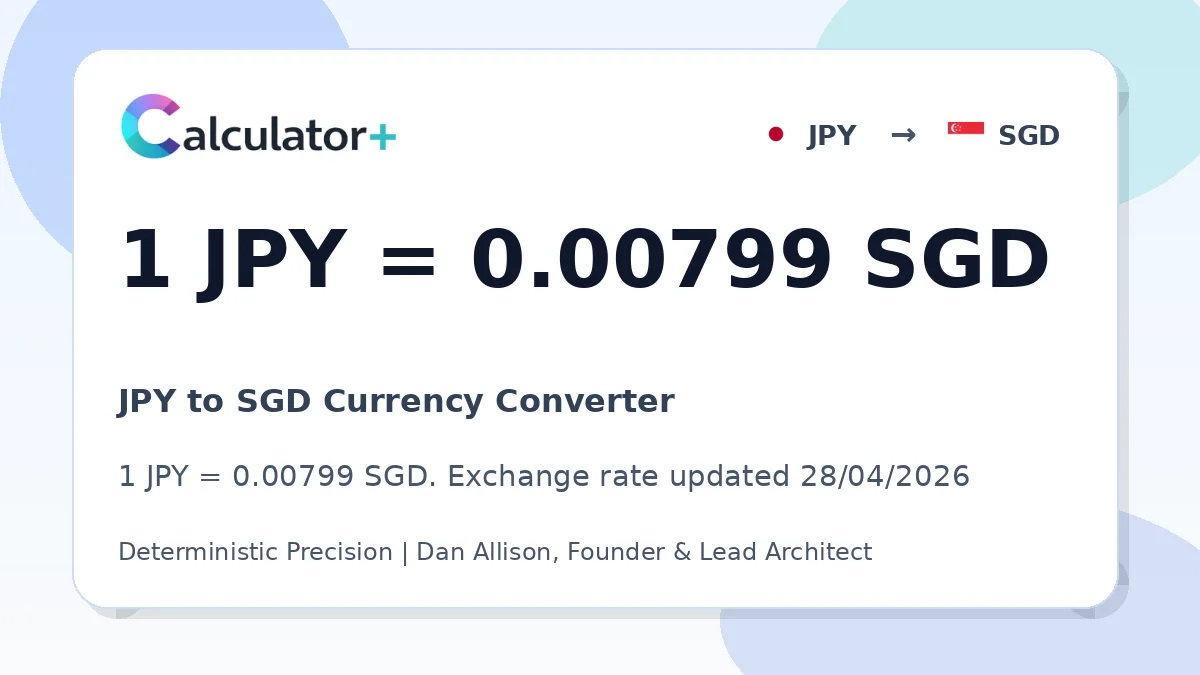JPY to SGD exchange rate card showing 1 JPY = 0.00799 SGD. Exchange rate updated 28/04/2026.