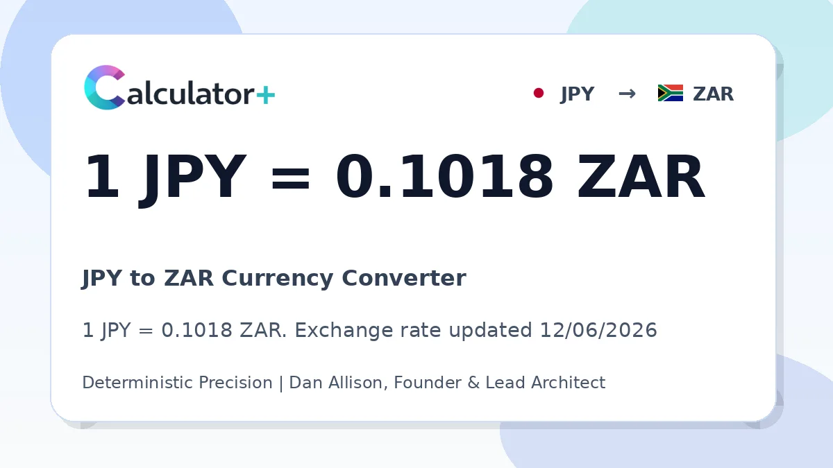 JPY to ZAR exchange rate card showing 1 JPY = 0.1018 ZAR. Exchange rate updated 12/06/2026.