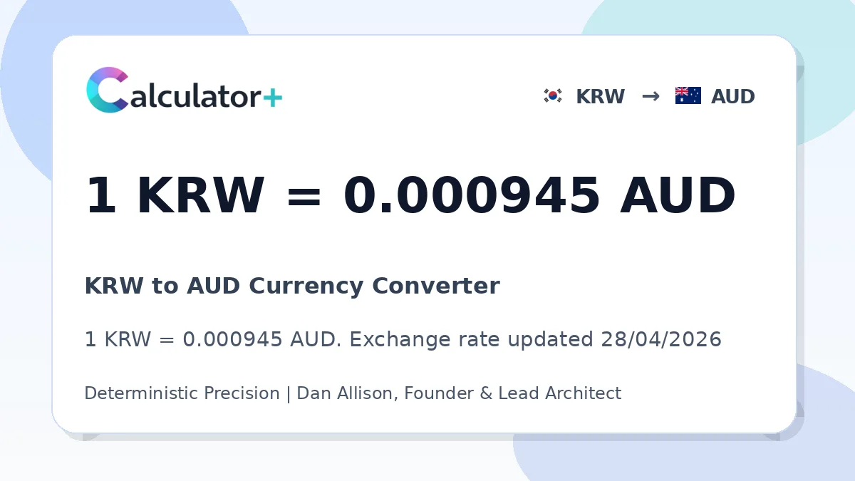 KRW to AUD exchange rate card showing 1 KRW = 0.000945 AUD. Exchange rate updated 28/04/2026.