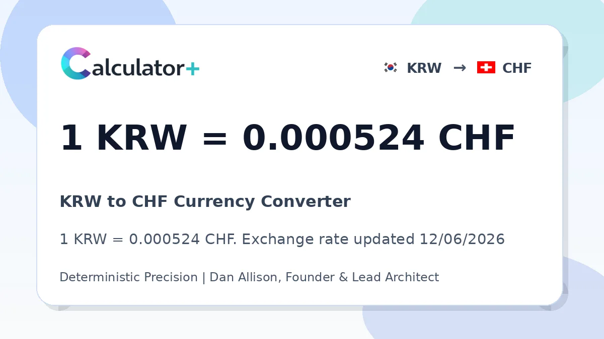 KRW to CHF exchange rate card showing 1 KRW = 0.000524 CHF. Exchange rate updated 12/06/2026.