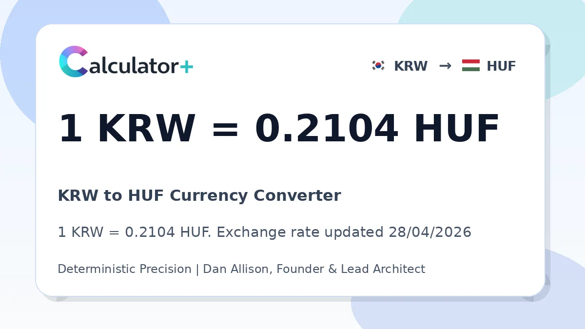KRW to HUF exchange rate card showing 1 KRW = 0.2104 HUF. Exchange rate updated 28/04/2026.