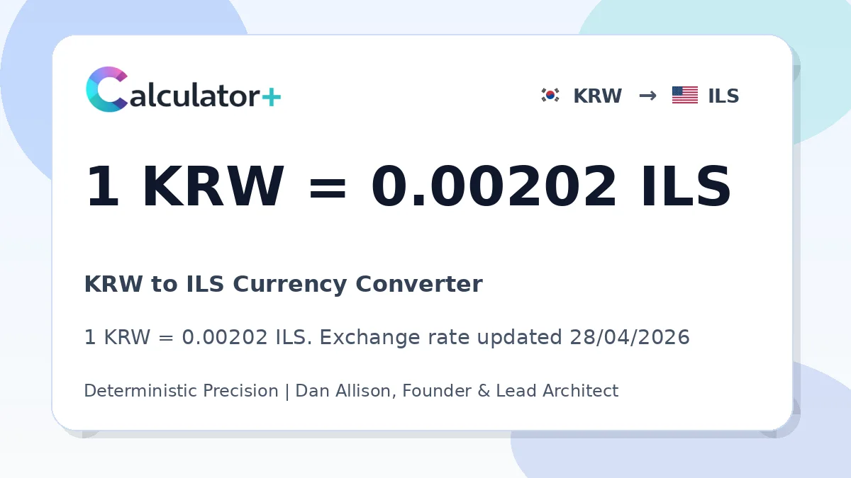 KRW to ILS exchange rate card showing 1 KRW = 0.00202 ILS. Exchange rate updated 28/04/2026.