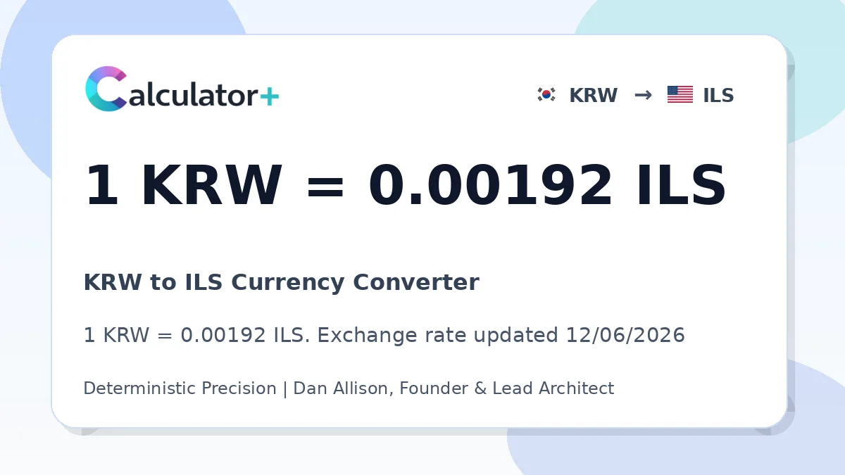 KRW to ILS exchange rate card showing 1 KRW = 0.00192 ILS. Exchange rate updated 12/06/2026.