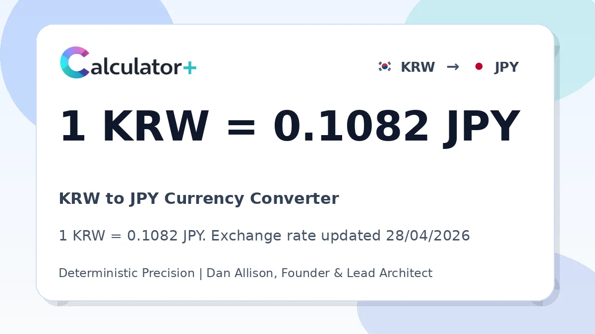 KRW to JPY exchange rate card showing 1 KRW = 0.1082 JPY. Exchange rate updated 28/04/2026.
