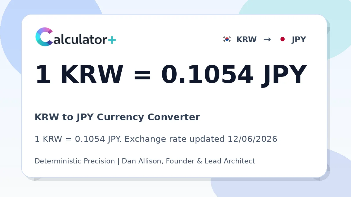 KRW to JPY exchange rate card showing 1 KRW = 0.1054 JPY. Exchange rate updated 12/06/2026.