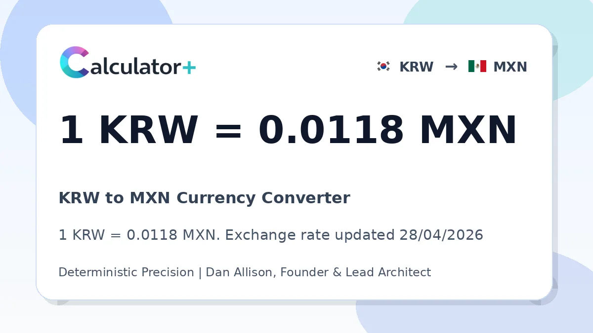KRW to MXN exchange rate card showing 1 KRW = 0.0118 MXN. Exchange rate updated 28/04/2026.