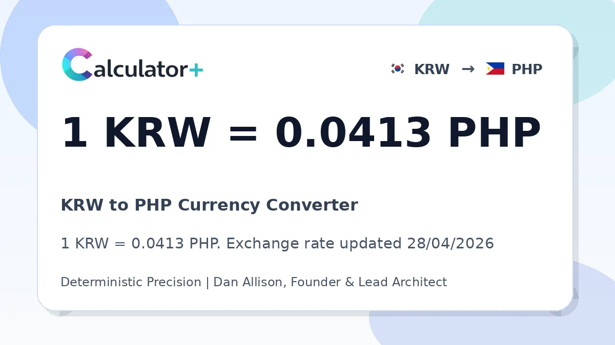 KRW to PHP exchange rate card showing 1 KRW = 0.0413 PHP. Exchange rate updated 28/04/2026.