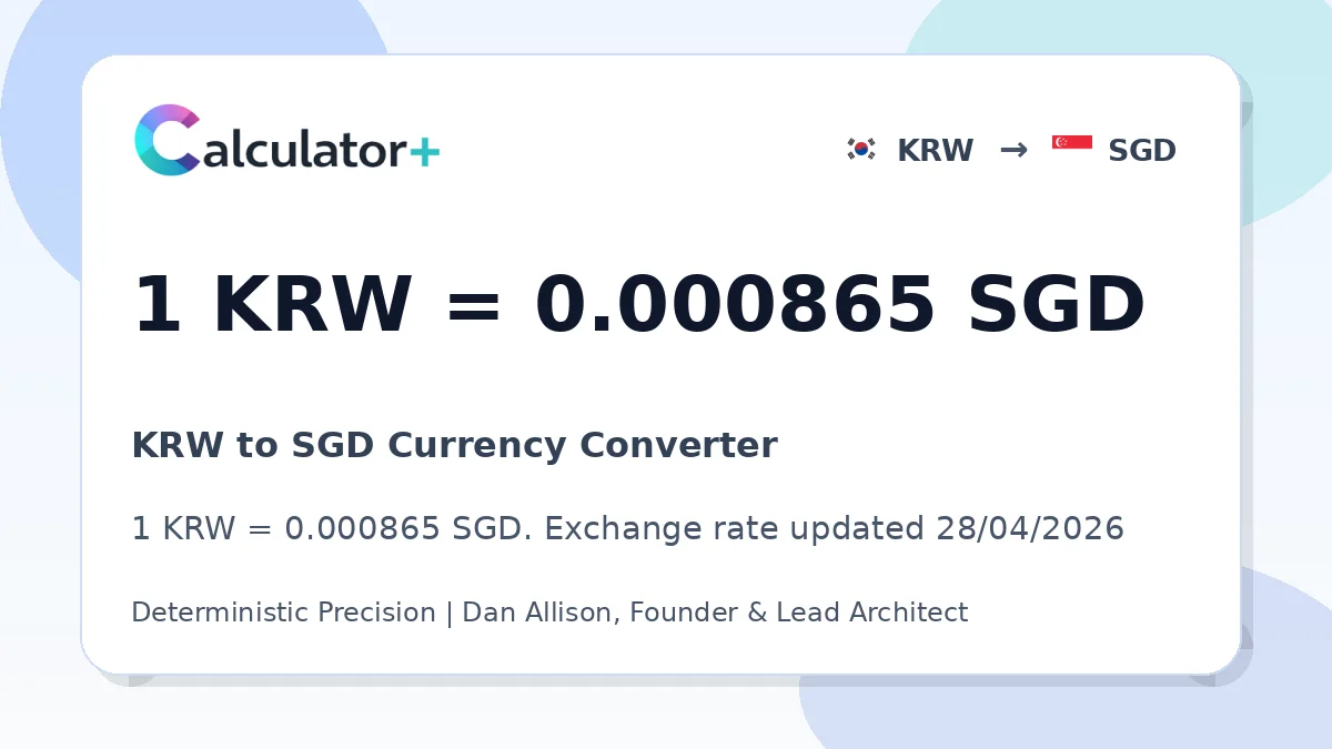 KRW to SGD exchange rate card showing 1 KRW = 0.000865 SGD. Exchange rate updated 28/04/2026.