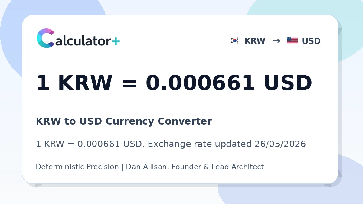 KRW to USD exchange rate card showing 1 KRW = 0.000682 USD. Exchange rate updated 10/05/2026.