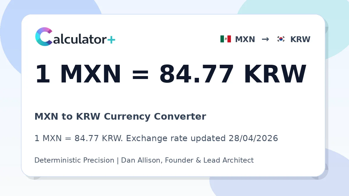 MXN to KRW exchange rate card showing 1 MXN = 84.77 KRW. Exchange rate updated 28/04/2026.