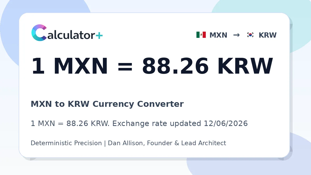 MXN to KRW exchange rate card showing 1 MXN = 88.26 KRW. Exchange rate updated 12/06/2026.