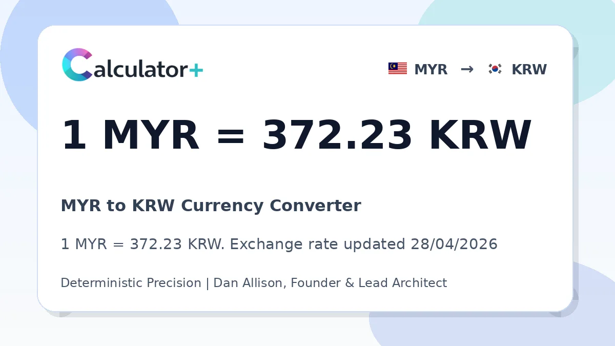 MYR to KRW exchange rate card showing 1 MYR = 372.23 KRW. Exchange rate updated 28/04/2026.