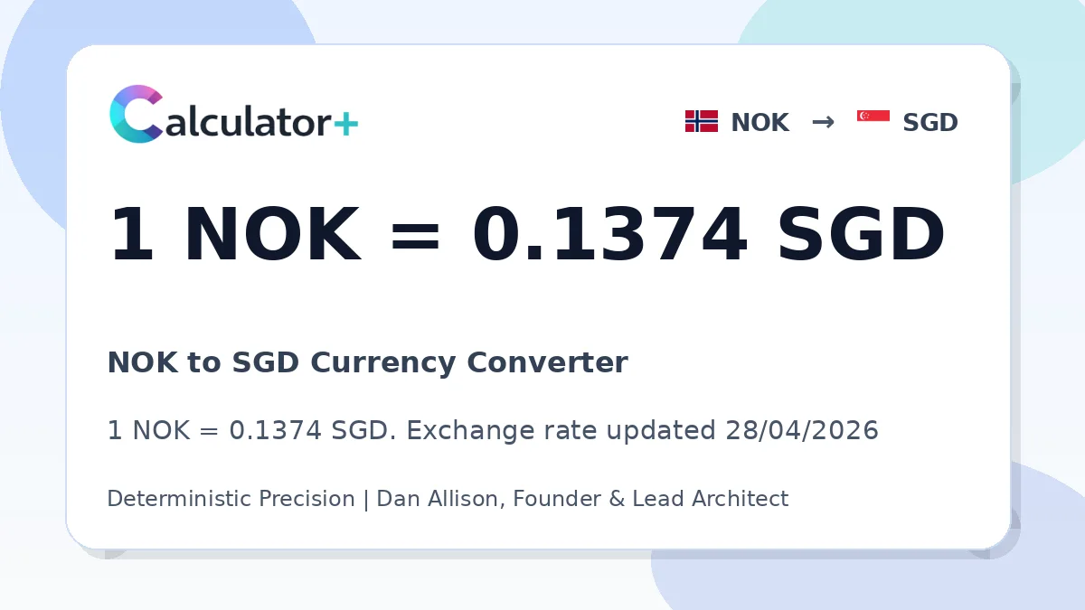 NOK to SGD exchange rate card showing 1 NOK = 0.1374 SGD. Exchange rate updated 28/04/2026.