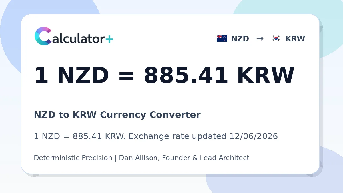 NZD to KRW exchange rate card showing 1 NZD = 885.41 KRW. Exchange rate updated 12/06/2026.