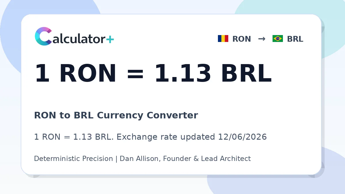 RON to BRL exchange rate card showing 1 RON = 1.13 BRL. Exchange rate updated 12/06/2026.
