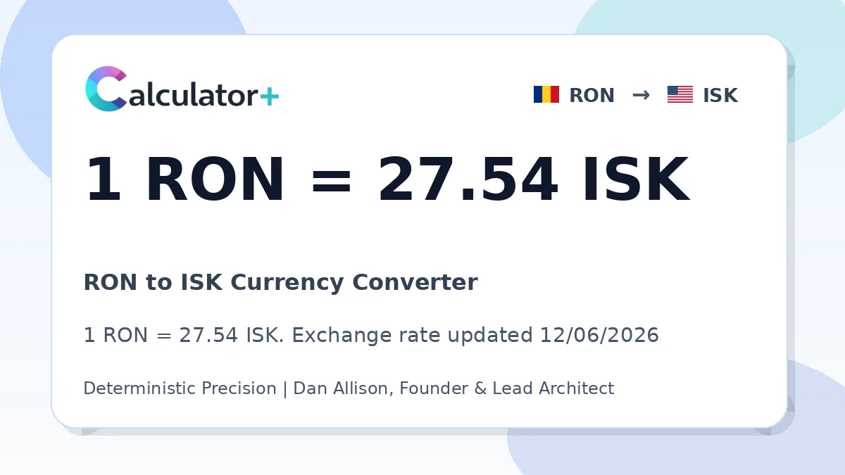 RON to ISK exchange rate card showing 1 RON = 27.54 ISK. Exchange rate updated 12/06/2026.