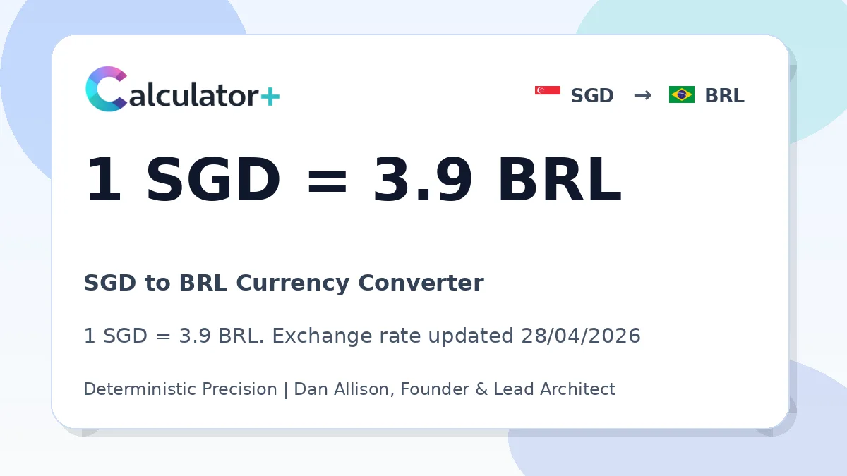 SGD to BRL exchange rate card showing 1 SGD = 3.9 BRL. Exchange rate updated 28/04/2026.