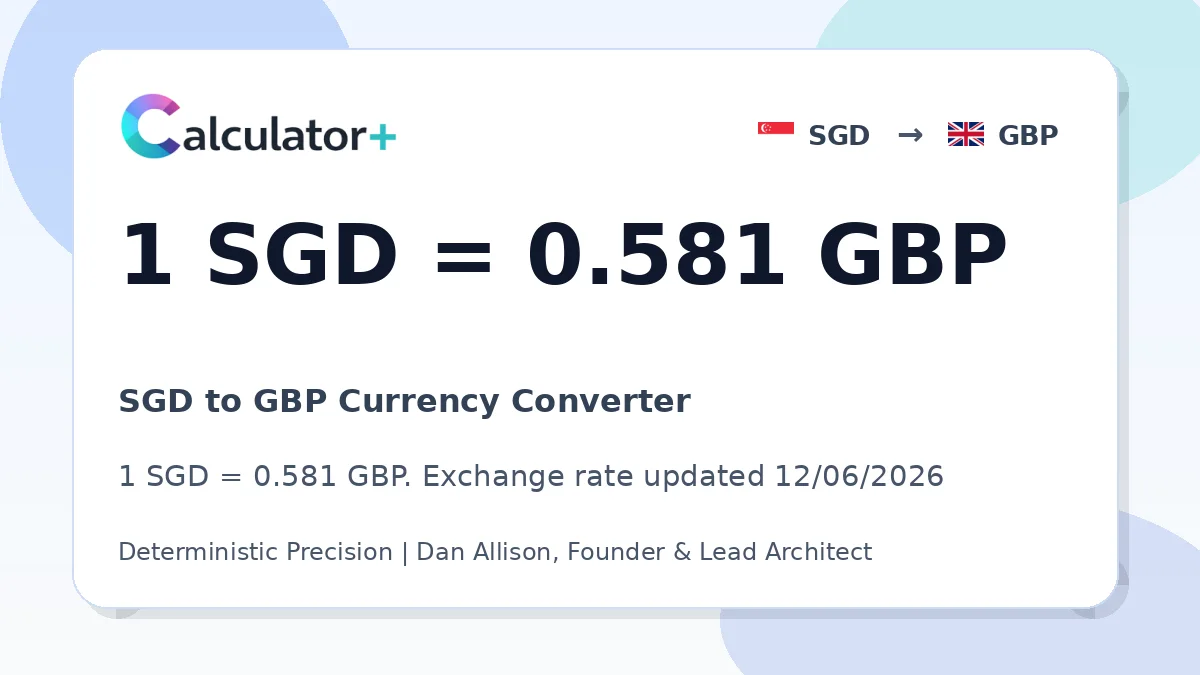 SGD to GBP exchange rate card showing 1 SGD = 0.581 GBP. Exchange rate updated 12/06/2026.