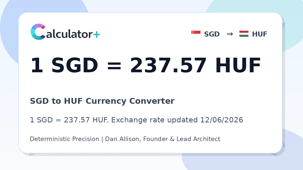 SGD to HUF exchange rate card showing 1 SGD = 237.57 HUF. Exchange rate updated 12/06/2026.